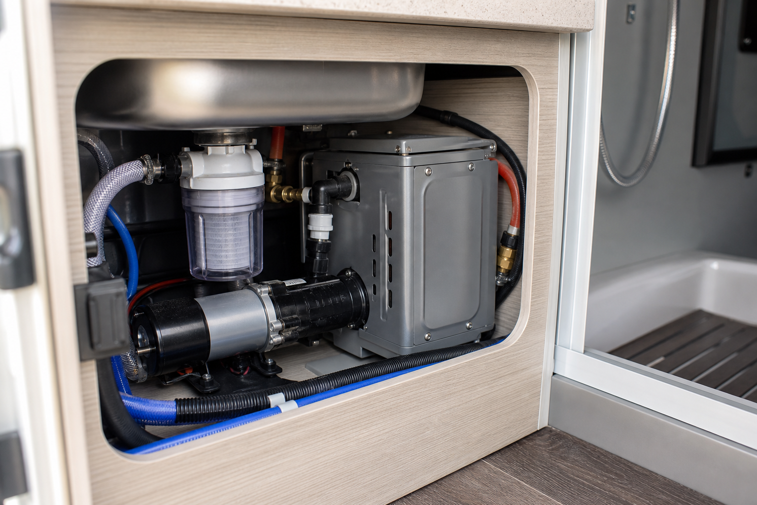 Close-up of the key components (pump, heater, hoses) behind the sink in a camper van.