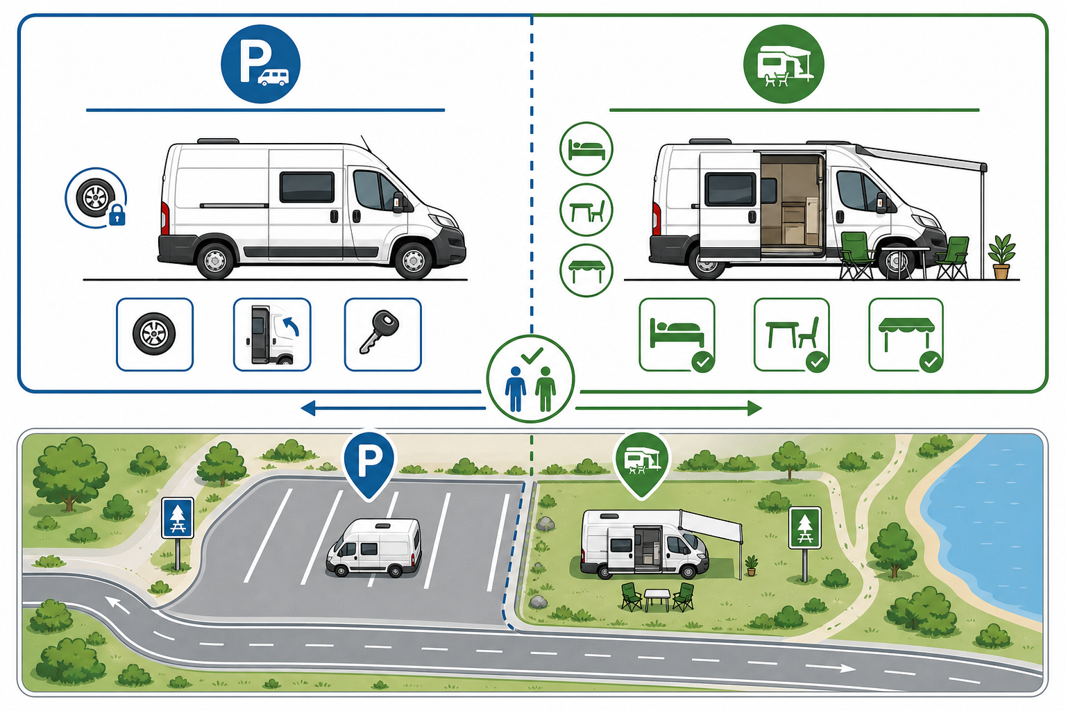 Schéma comparatif stationnement vs camping (installation) pour clarifier la loi.