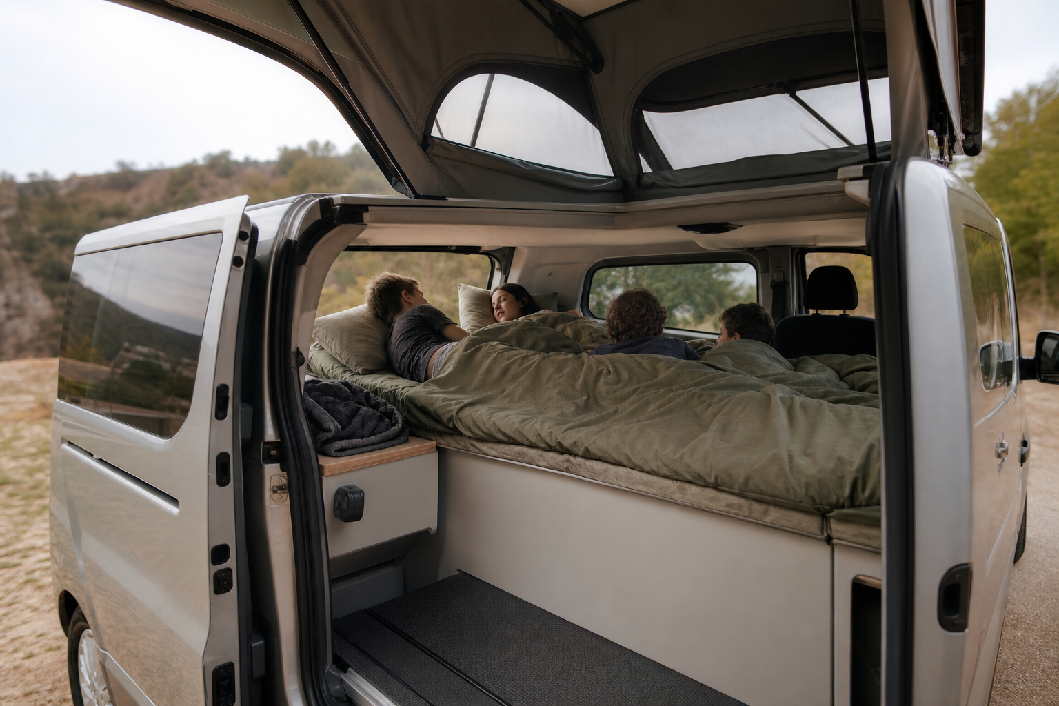 Vue immersive de l’espace de couchage pour plusieurs personnes, pensée pour les gabarits réduits.